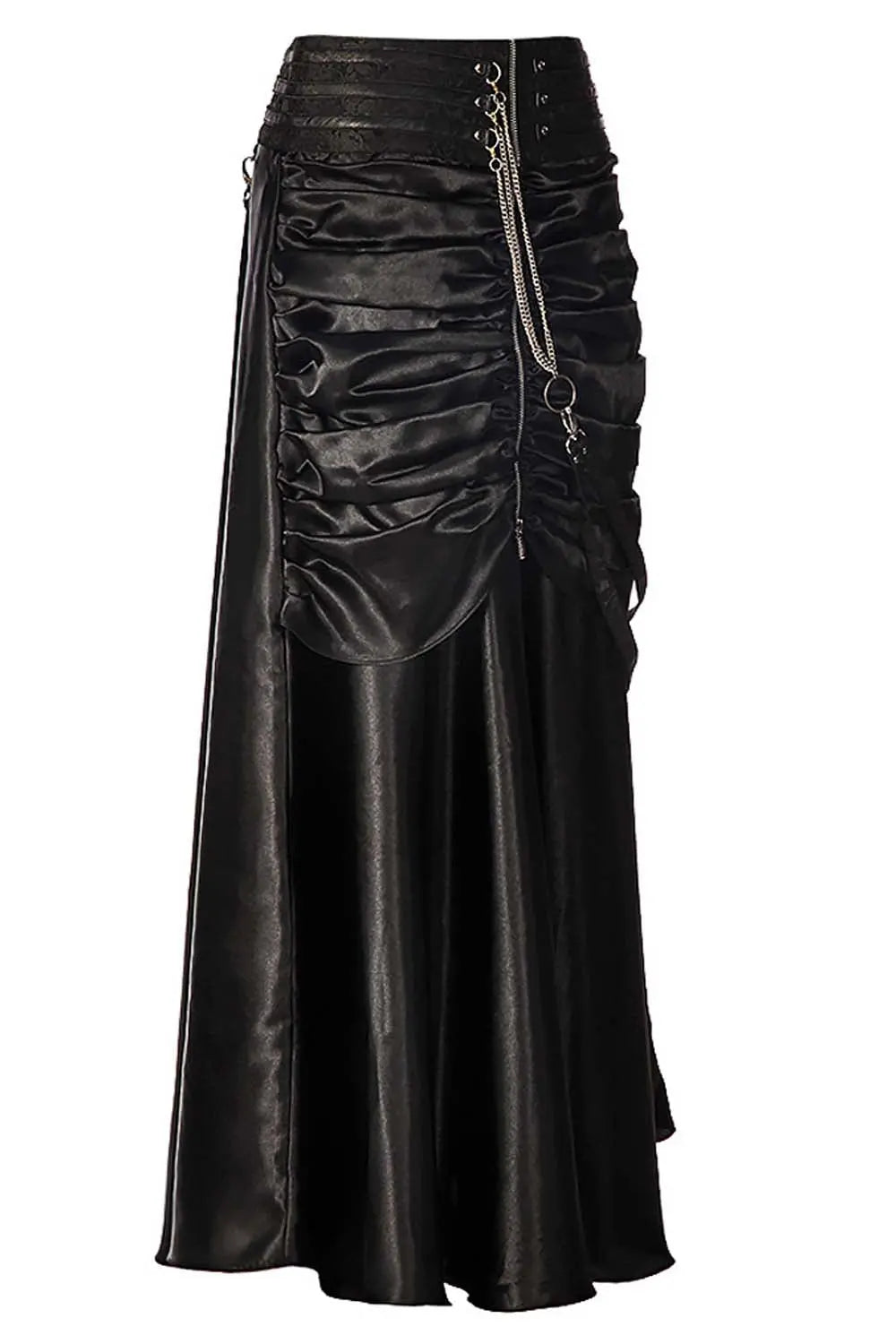 Jessie Black Satin Steampunk Bustle Skirt – Fustă Lungă Neagră cu Efect Corset