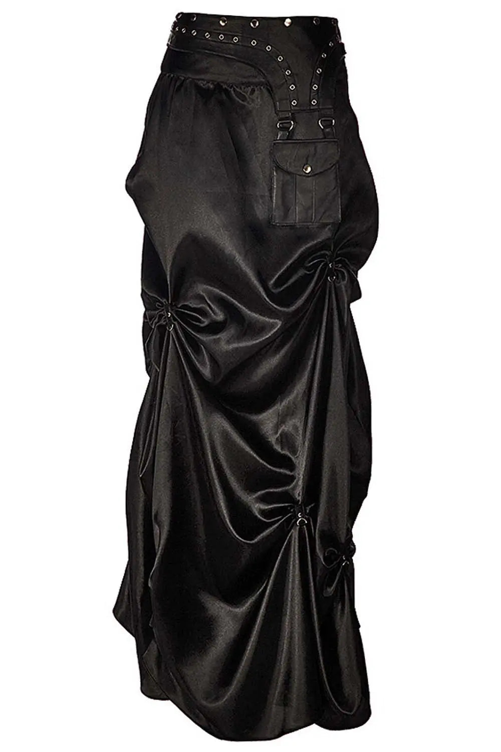 Anuja Steampunk Black Ruched Long Skirt – Fustă Lungă Satinată cu Talie Tip Corset