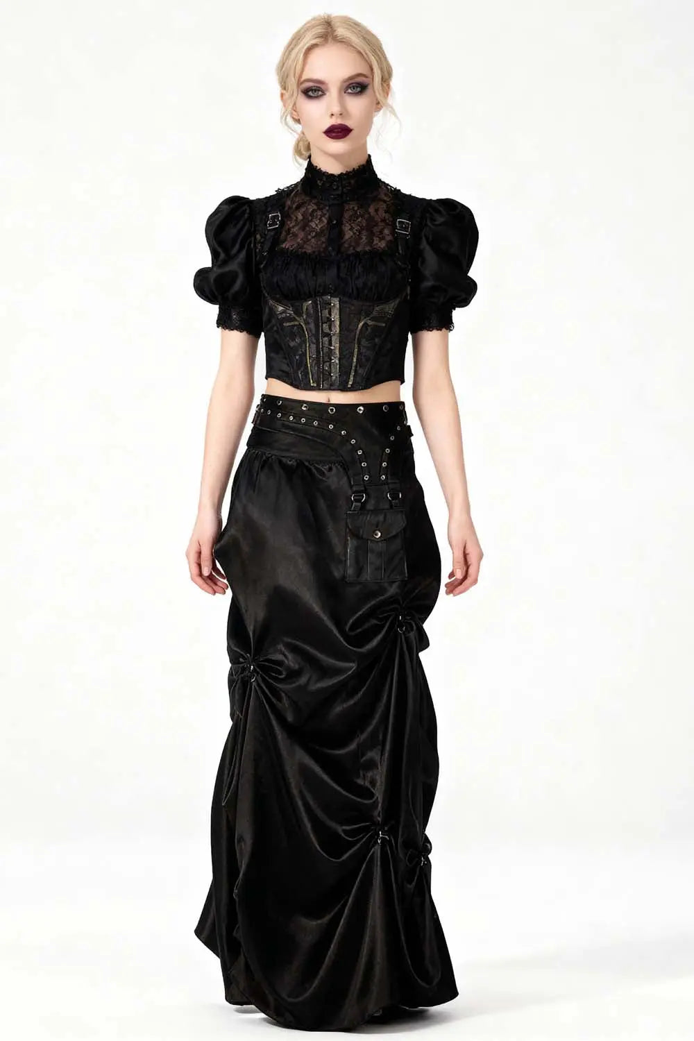 Anuja Steampunk Black Ruched Long Skirt – Fustă Lungă Satinată cu Talie Tip Corset