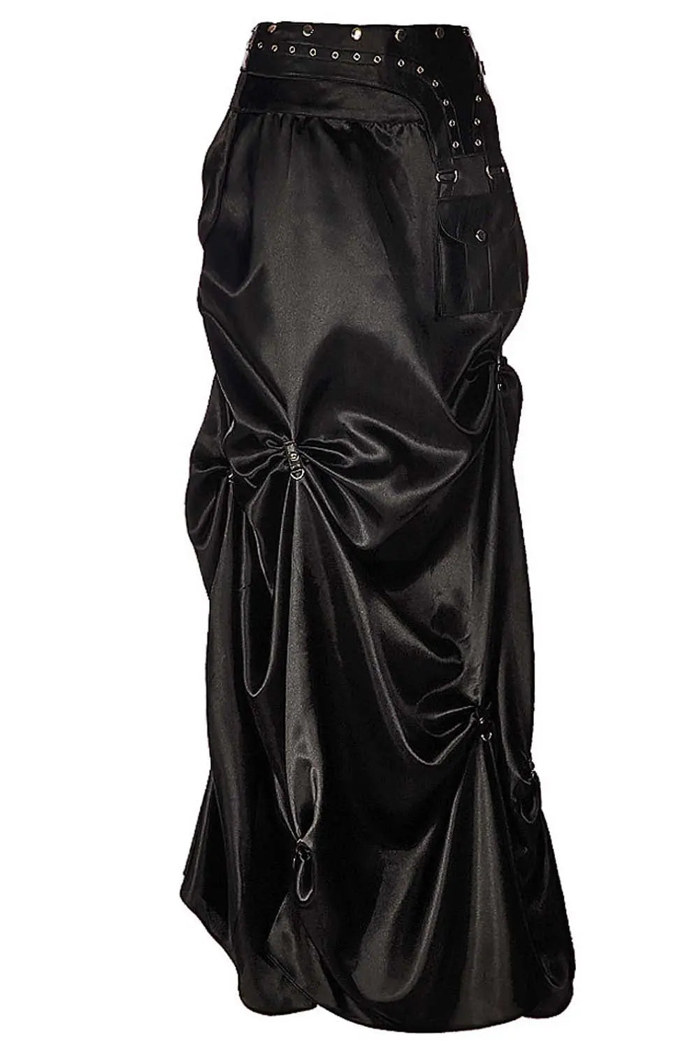 Anuja Steampunk Black Ruched Long Skirt – Fustă Lungă Satinată cu Talie Tip Corset