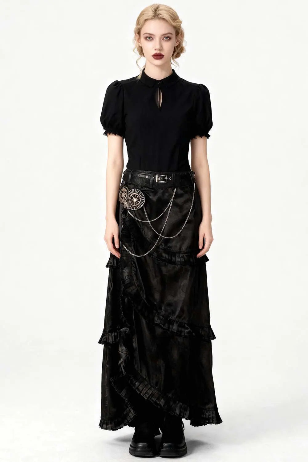 Delores Steampunk Embroidered Layered Skirt – Fustă Neagră Satinată Asimetrică