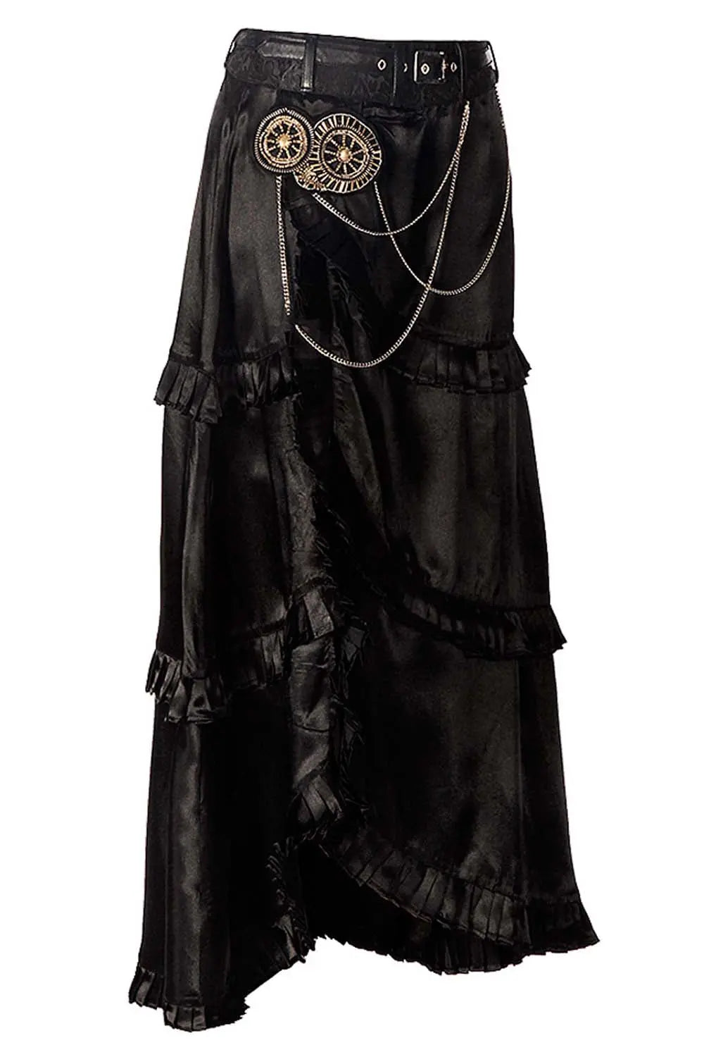 Delores Steampunk Embroidered Layered Skirt – Fustă Neagră Satinată Asimetrică
