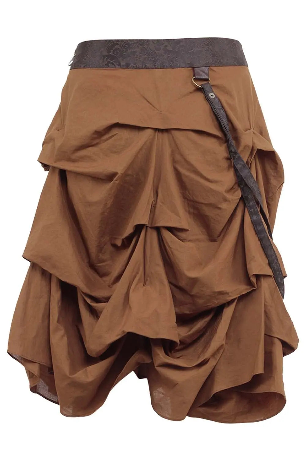 Fustă Steampunk Sheba din Bumbac Culoare Bej, Model Ruched cu Volane