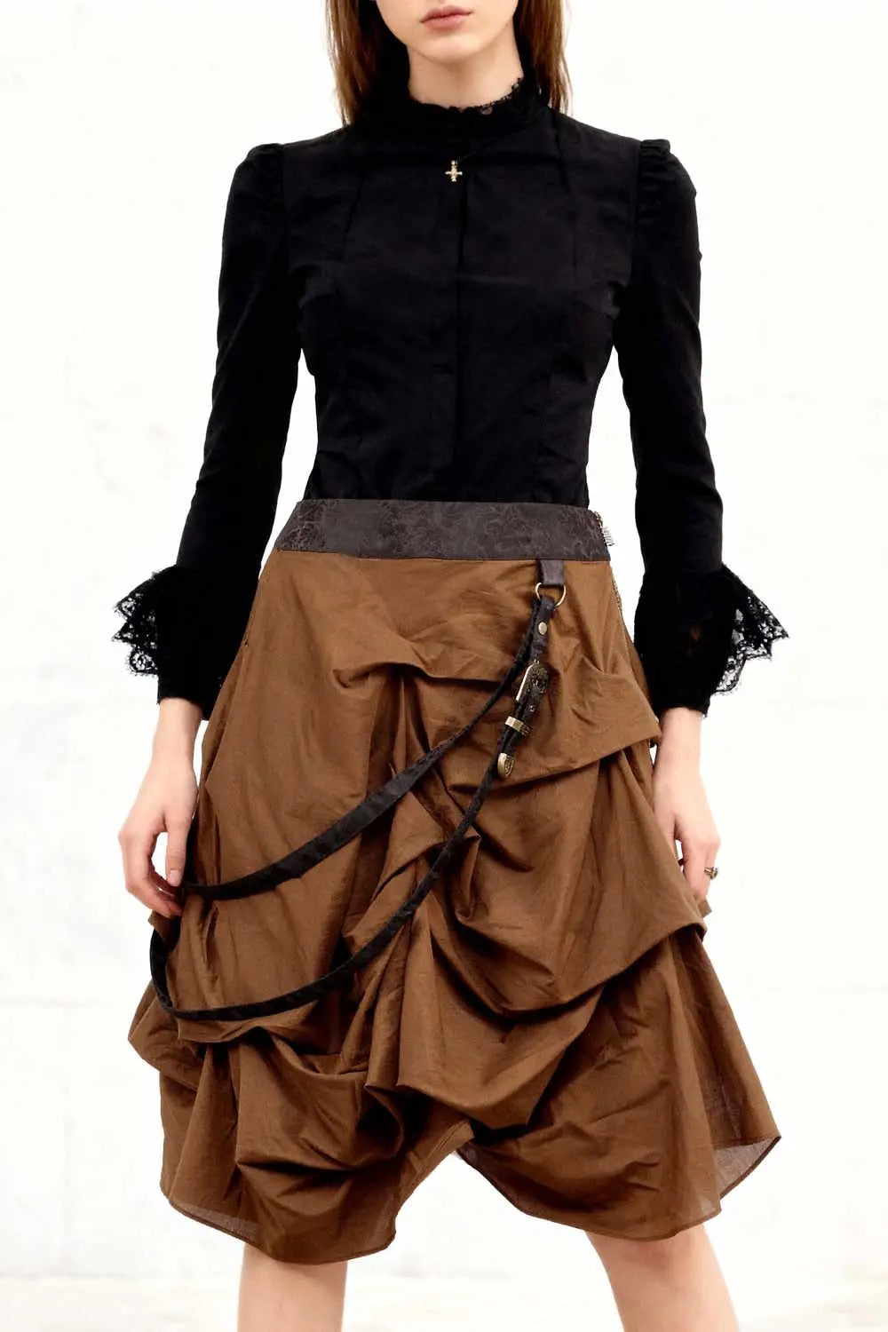 Fustă Steampunk Sheba din Bumbac Culoare Bej, Model Ruched cu Volane