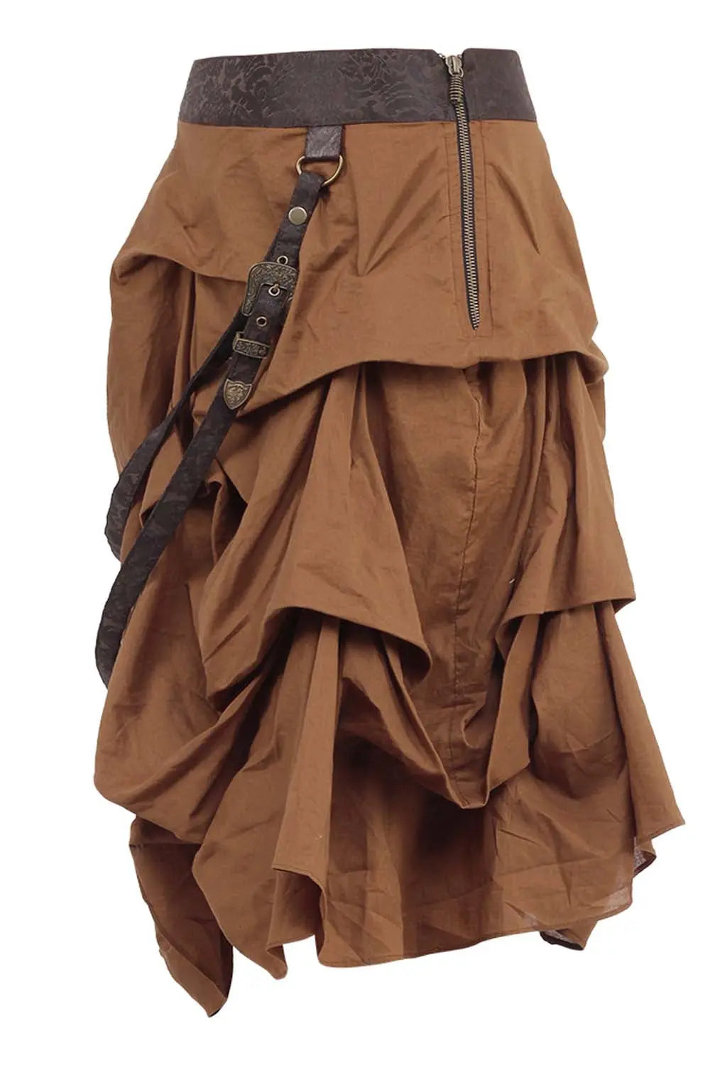 Fustă Steampunk Sheba din Bumbac Culoare Bej, Model Ruched cu Volane