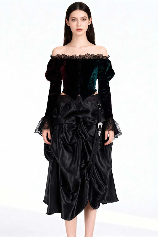 Fustă Steampunk Satin Negru cu Drapaj – Eleganță Victoriană Stil Gothic