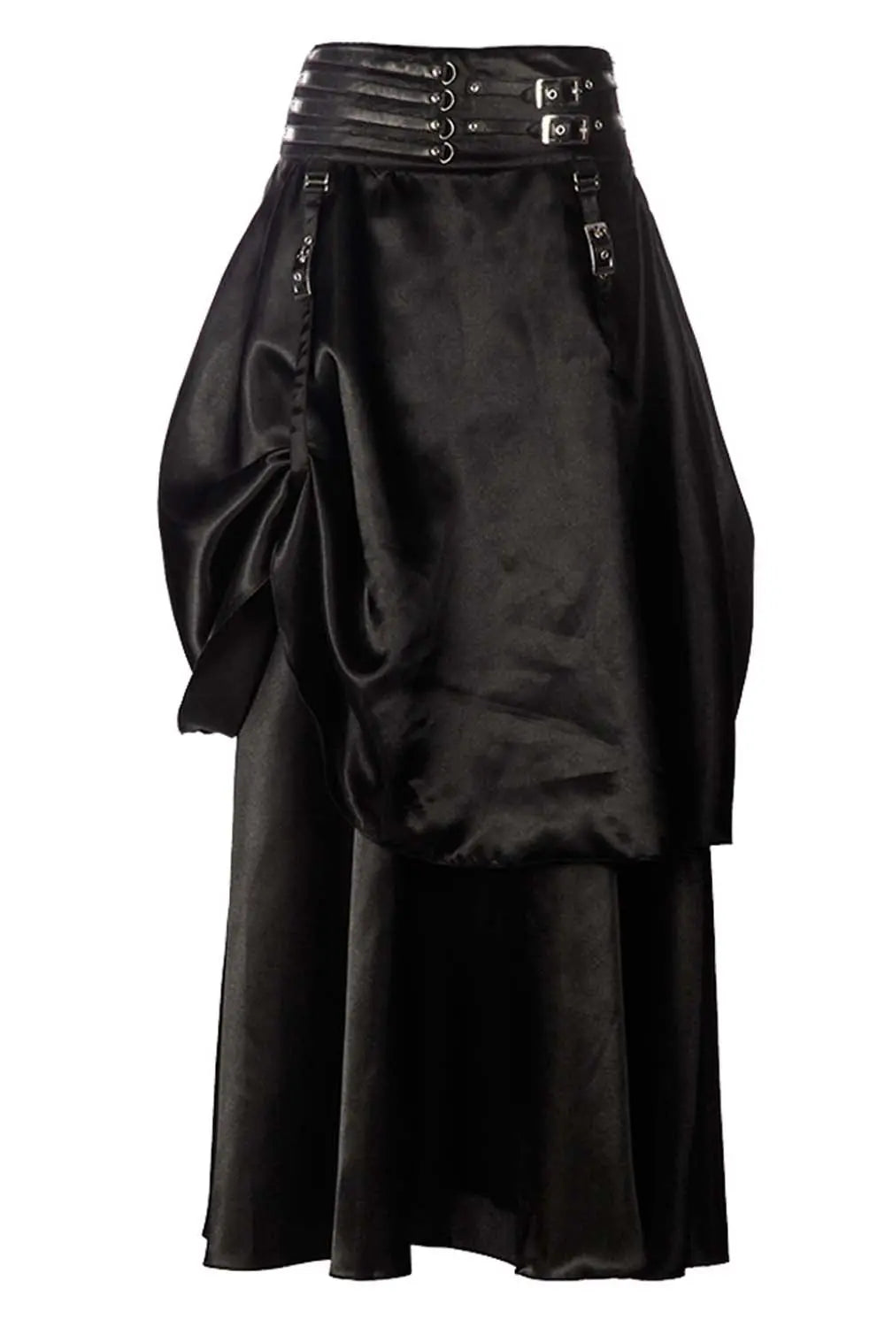 Fustă Steampunk Neagră din Satin cu Bustle – Stil Victorian & Accente Industriale