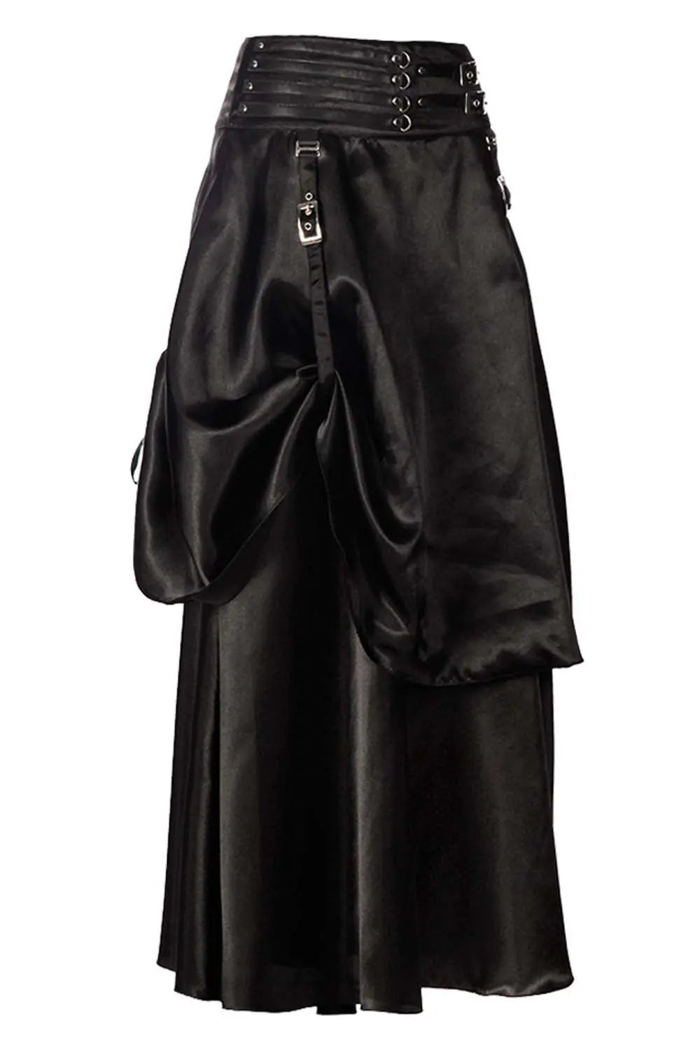 Fustă Steampunk Neagră din Satin cu Bustle – Stil Victorian & Accente Industriale