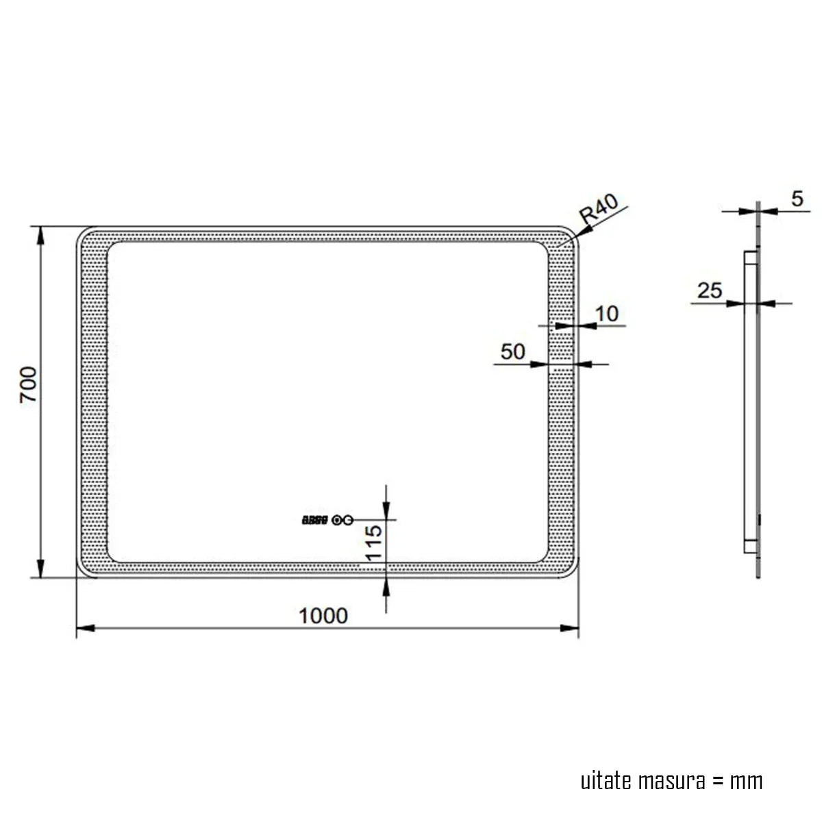Oglinda baie, sistem iluminare LED, IP44, 100x70cm, Dezaburire, Touch, Ceas