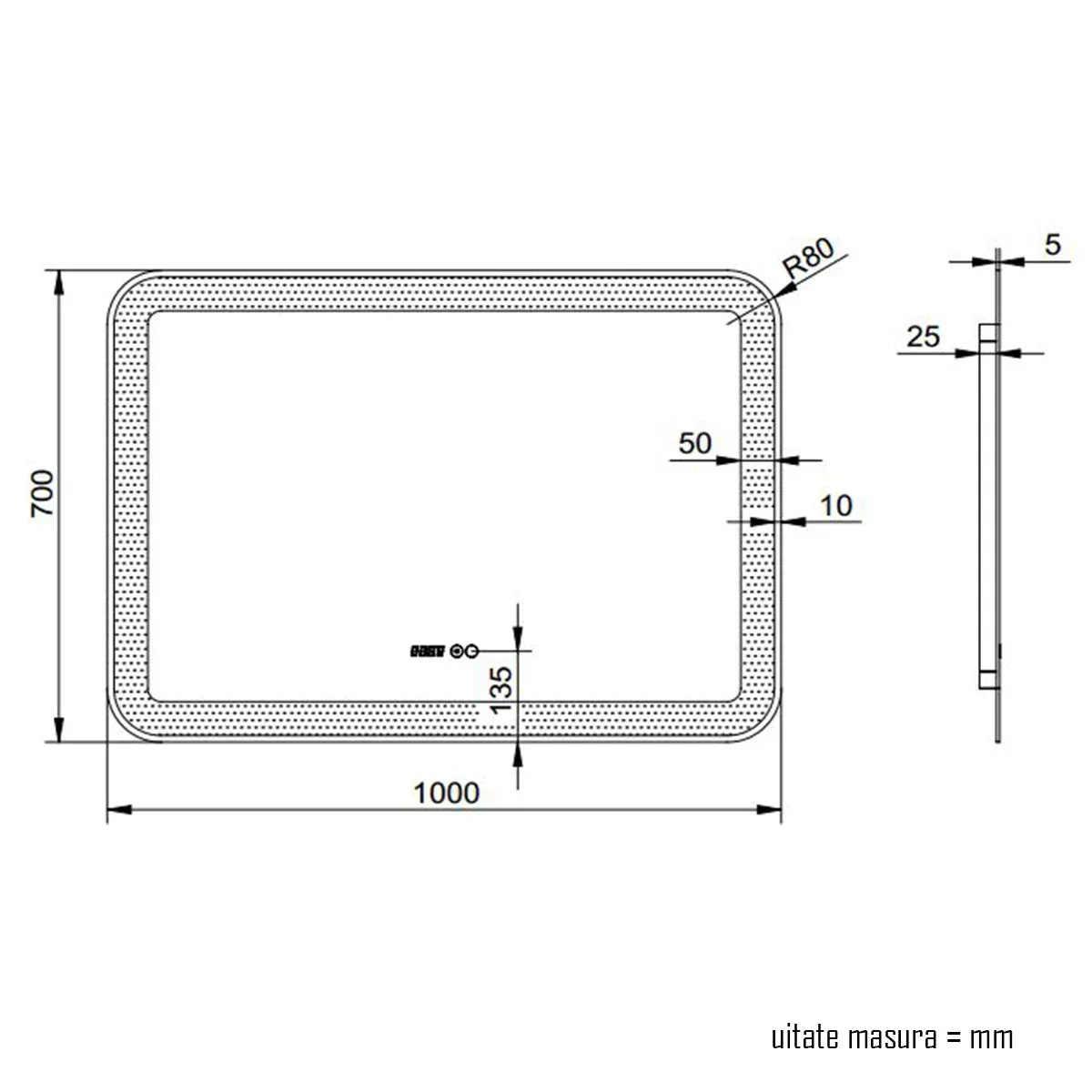 Oglinda baie, sistem iluminare LED, IP44, 100x70cm, Dezaburire, Touch, Ceas