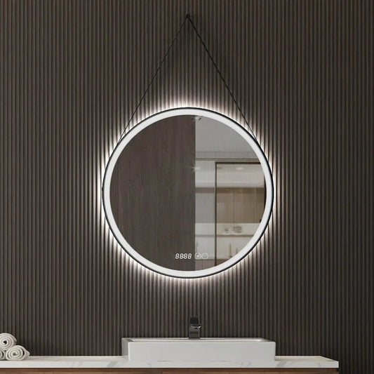 Oglinda cu iluminare LED, IP44, 80cm, Dezaburire, Touch, Ceas, rama neagra Aluminiu