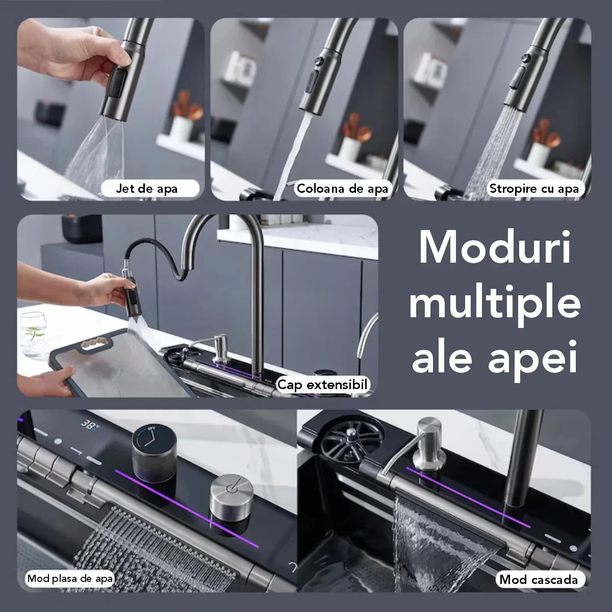 Chiuveta multifunctionala Smart Cuisine, cu accesorii incluse, Naimeed, functii multiple, otel inoxidabil, Gri, 210x750x460mm