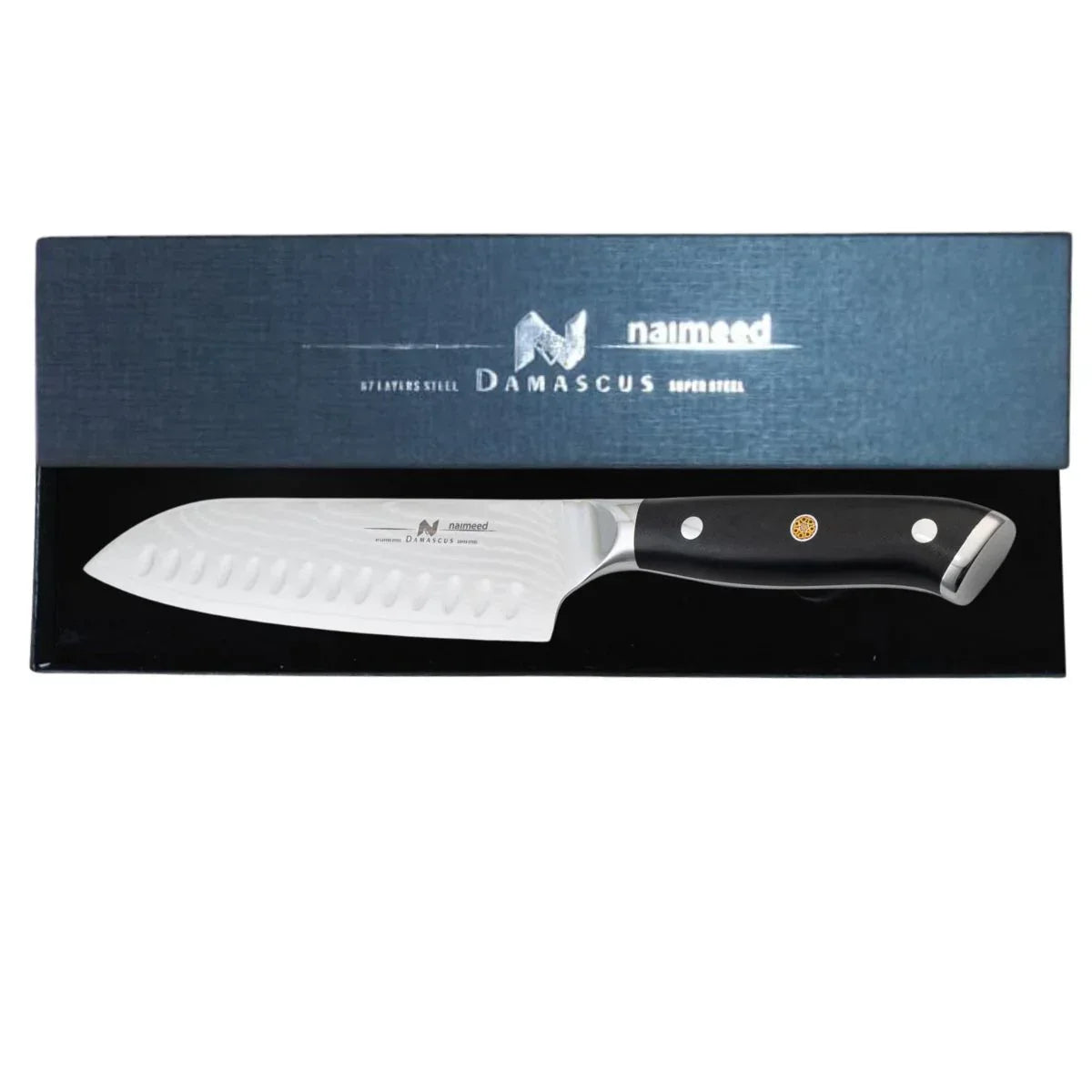 Cutit Santoku, din otel Damascus, Naimeed, damasc 67 straturi, 32 cm,  Negru
