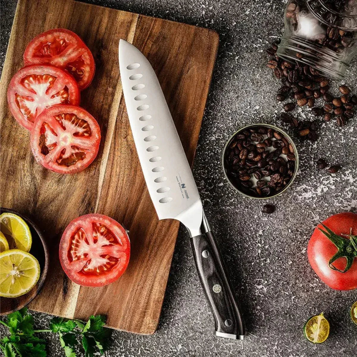Cutit Santoku, din otel Damascus, Naimeed, damasc 67 straturi, 32 cm,  Negru