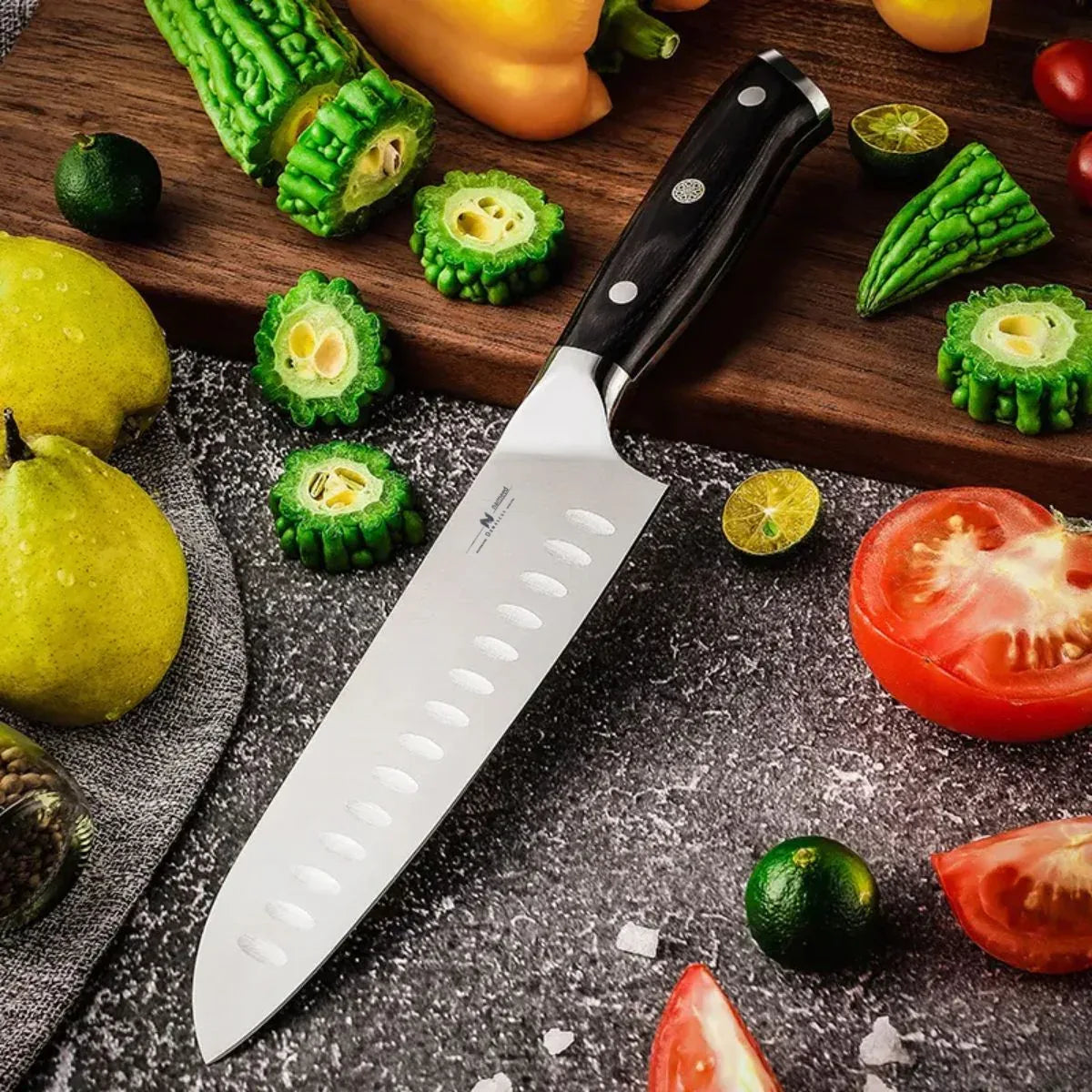 Cutit Santoku, din otel Damascus, Naimeed, damasc 67 straturi, 32 cm,  Negru