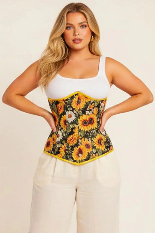 Corset Underbust Golden Sunflower Amaia – Satin Floral – Luxe Noir (SKU: BC-2585)