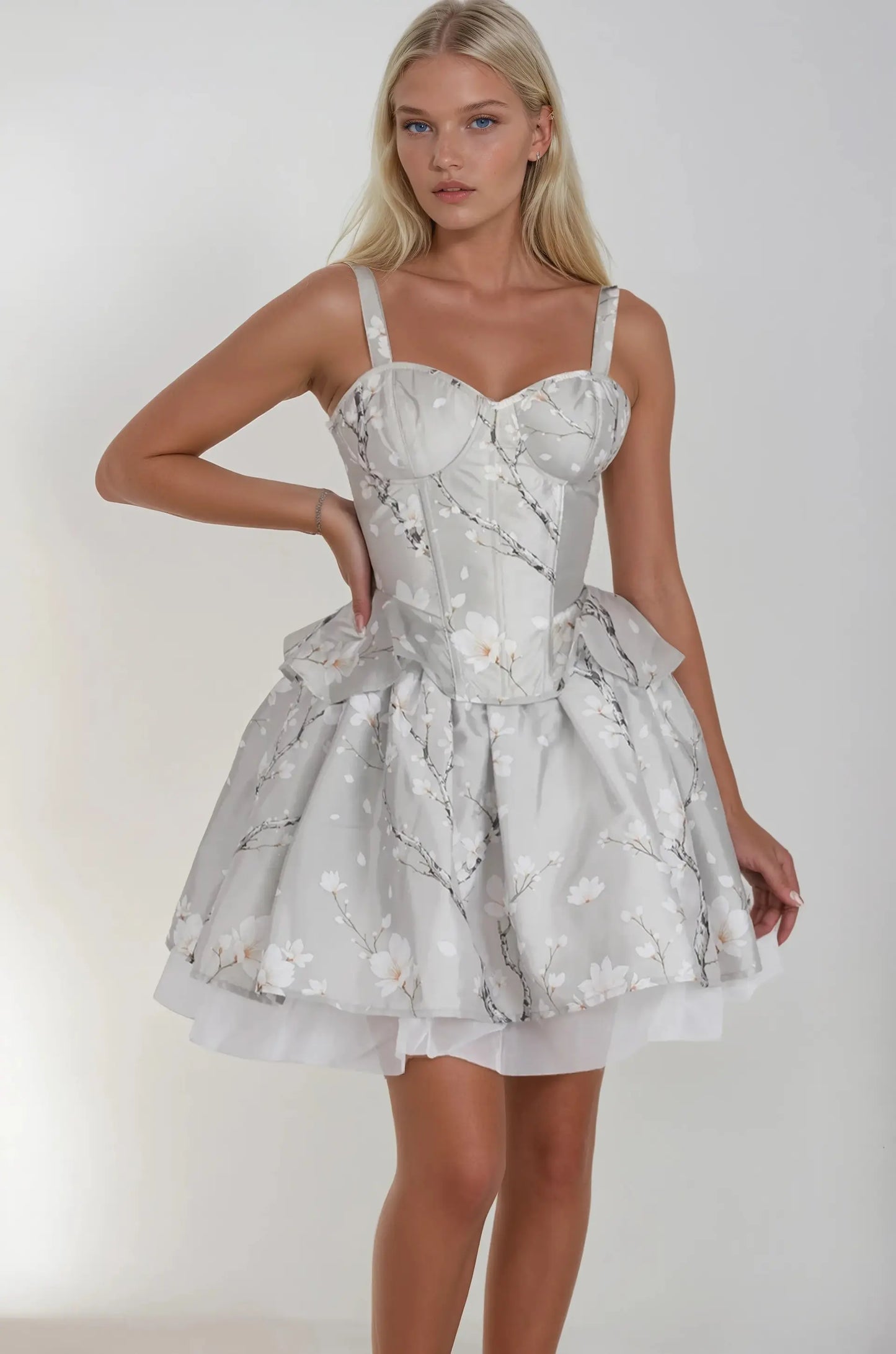 Set corset si fusta floral Magnolia Latricia din tafta gri prăfuit