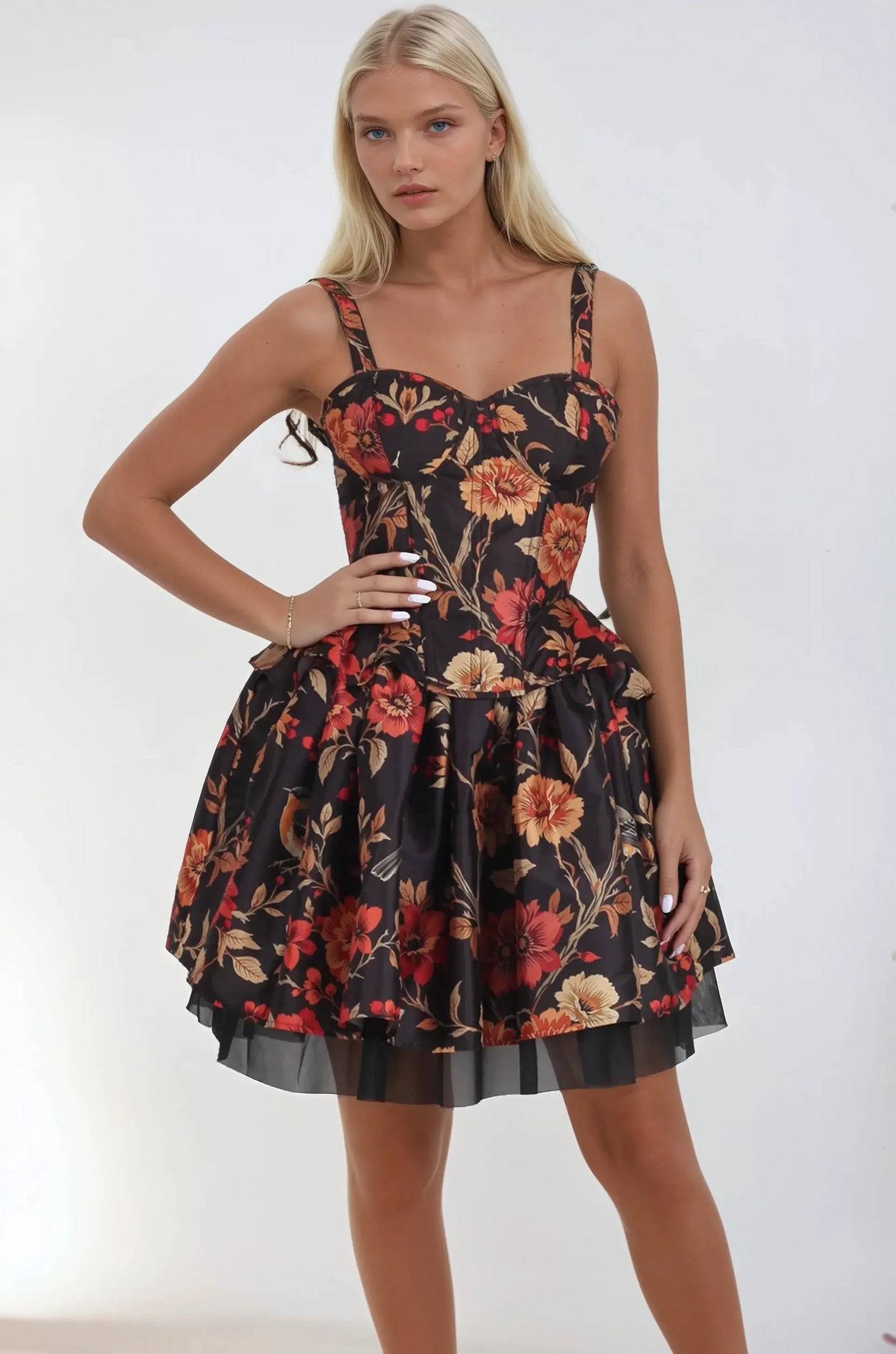 Set corset și fustă floral Minda din tafta neagră