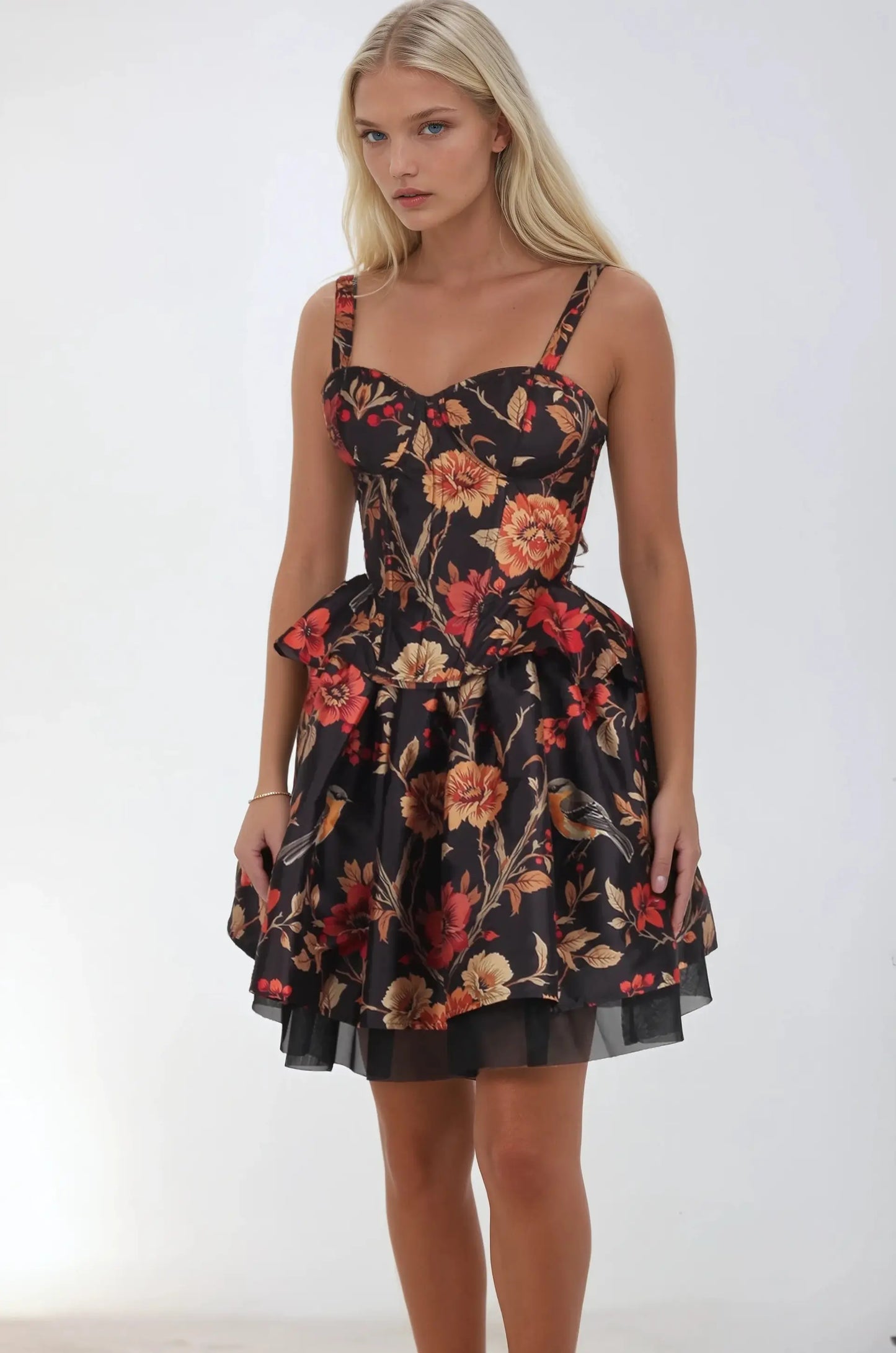 Set corset și fustă floral Minda din tafta neagră