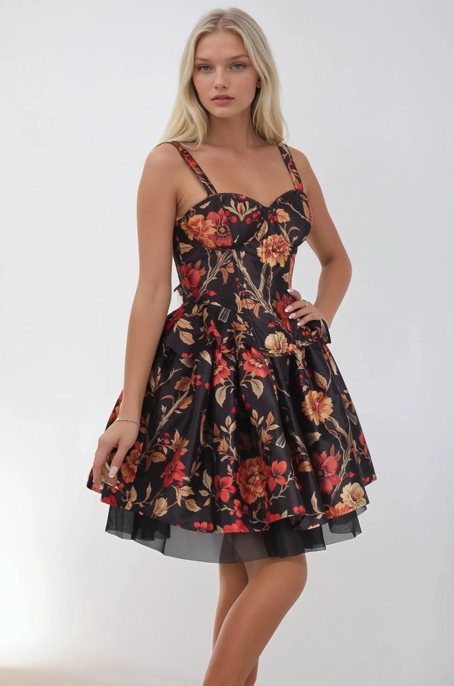 Set corset și fustă floral Minda din tafta neagră