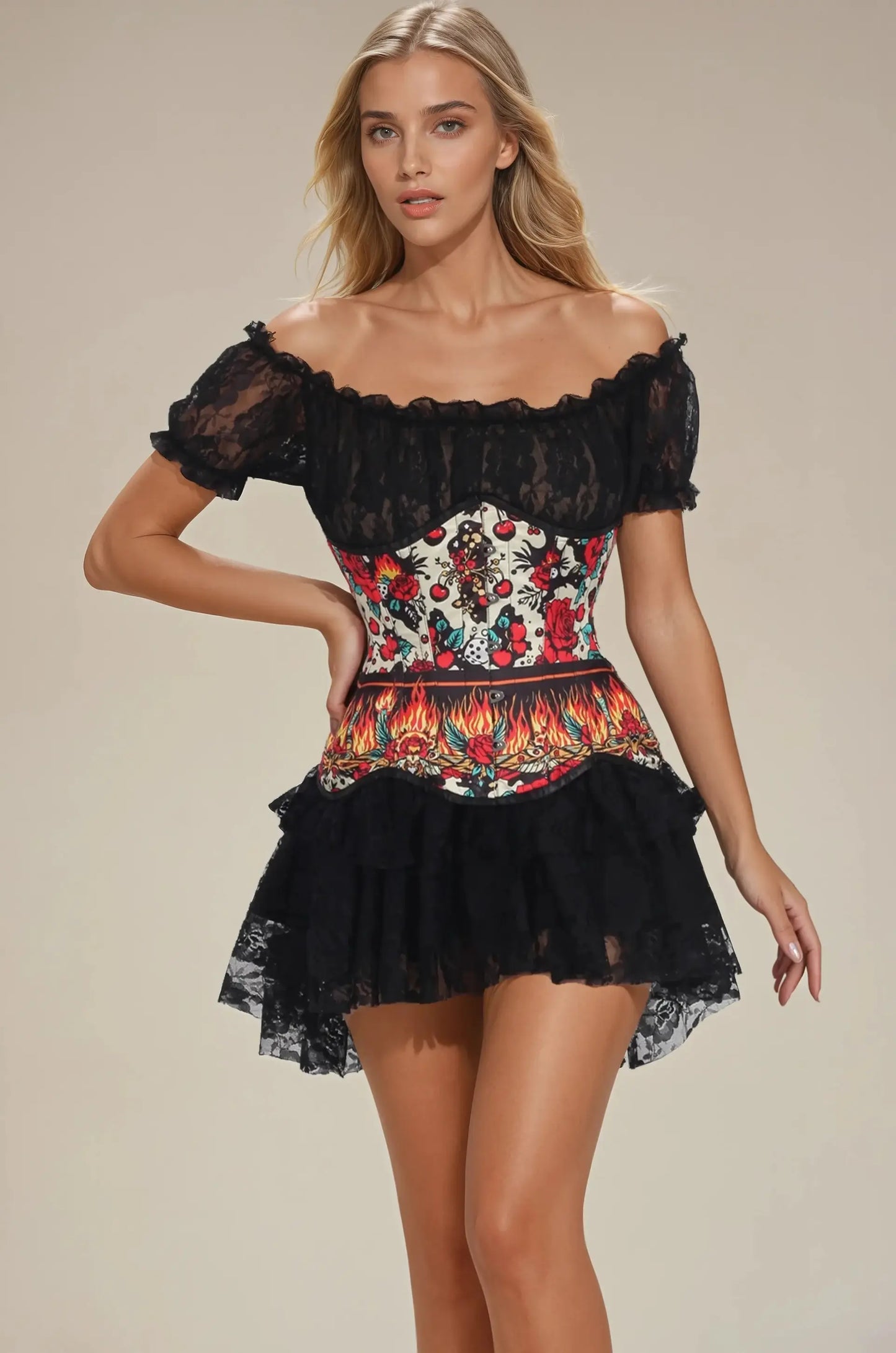 Talani Corset Underbust cu Trandafiri Retro și Flăcări
