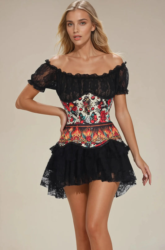 Talani Corset Underbust cu Trandafiri Retro și Flăcări