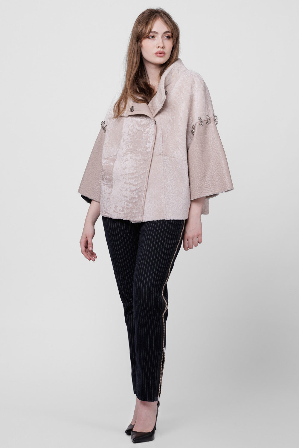 Poncho din Piele si Blană Naturală Shearling, Femei, Pearl