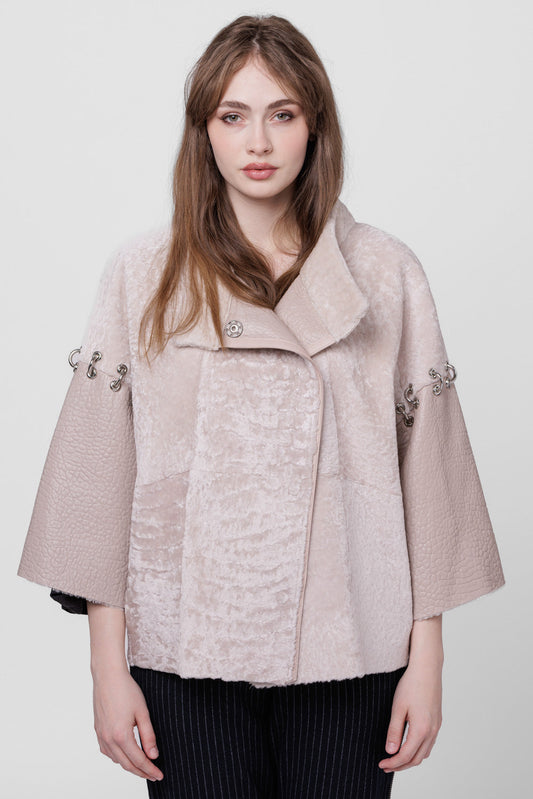 Poncho din Piele si Blană Naturală Shearling, Femei, Pearl