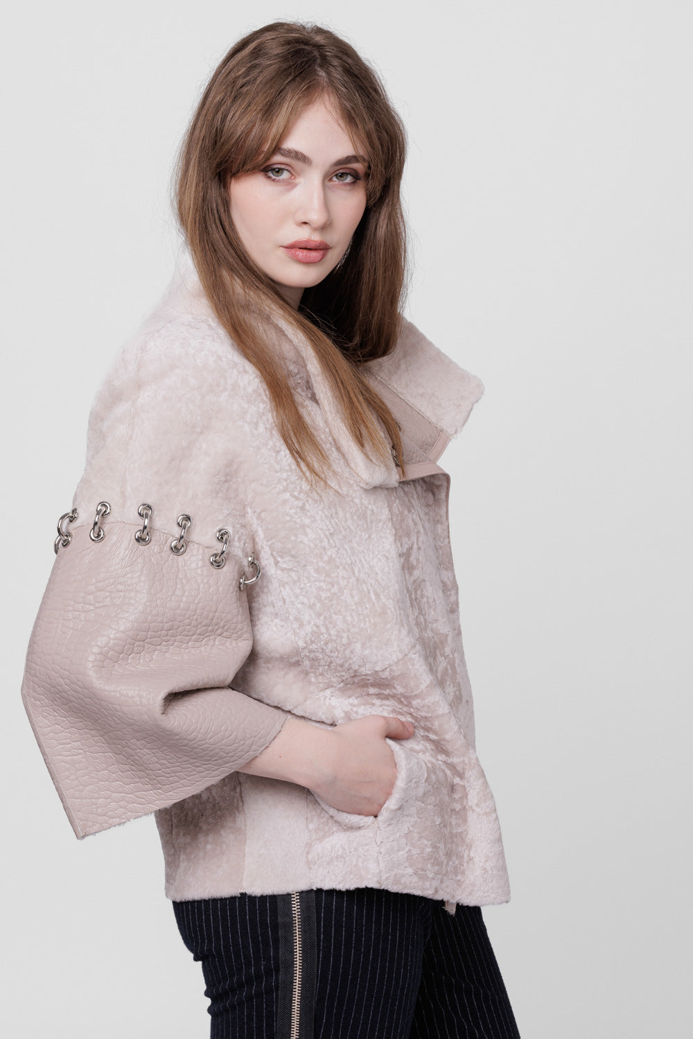 Poncho din Piele si Blană Naturală Shearling, Femei, Pearl