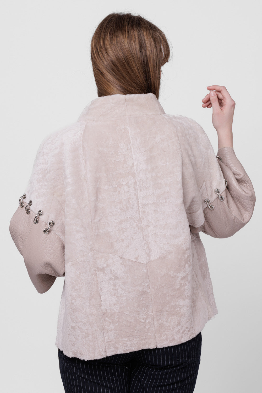 Poncho din Piele si Blană Naturală Shearling, Femei, Pearl
