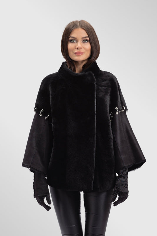 Poncho dama din Piele si Blană Naturală Shearling, Femei, Obsidian