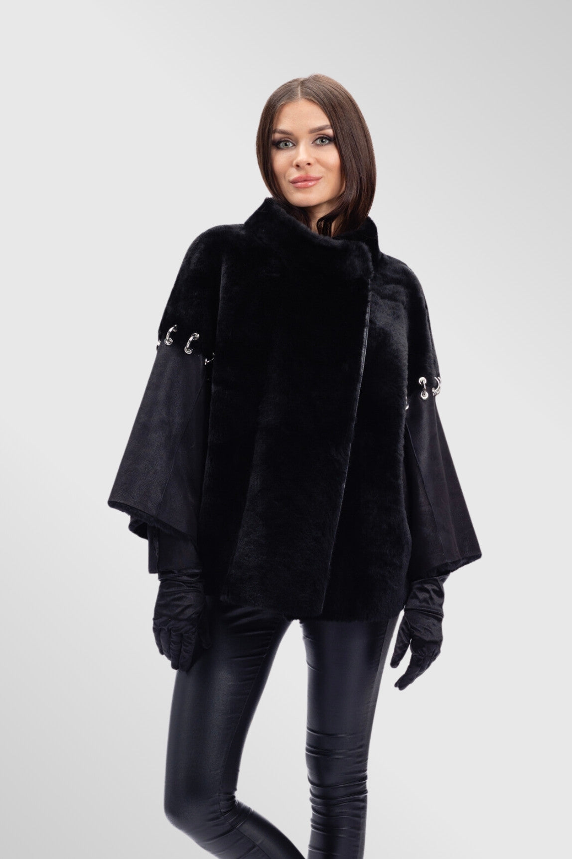 Poncho dama din Piele si Blană Naturală Shearling, Femei, Obsidian