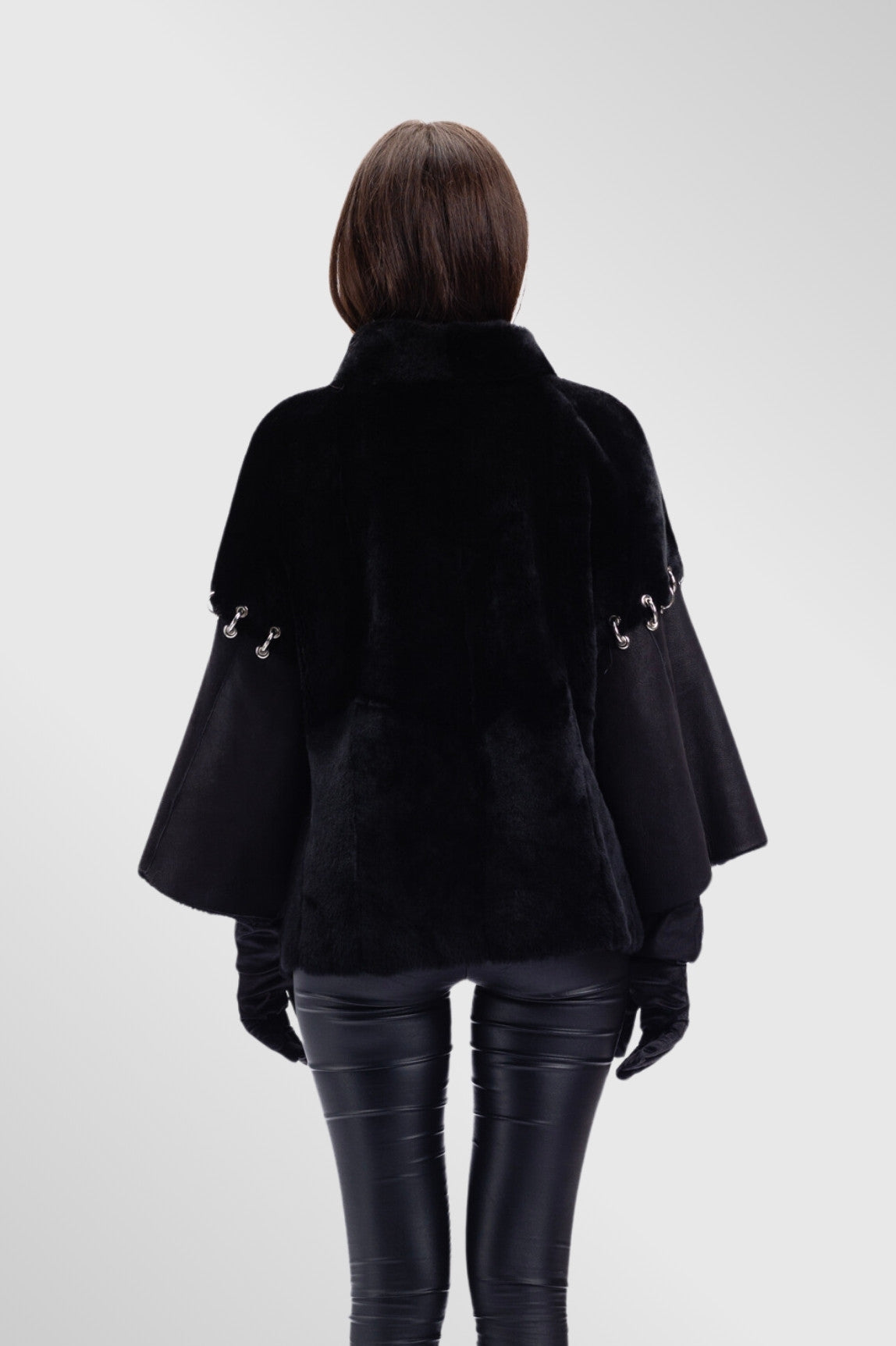 Poncho dama din Piele si Blană Naturală Shearling, Femei, Obsidian