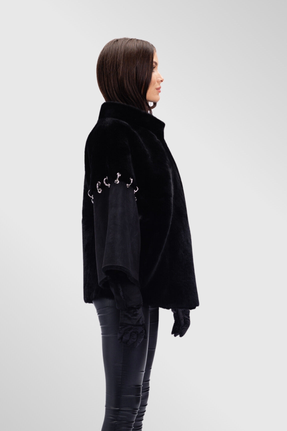 Poncho dama din Piele si Blană Naturală Shearling, Femei, Obsidian