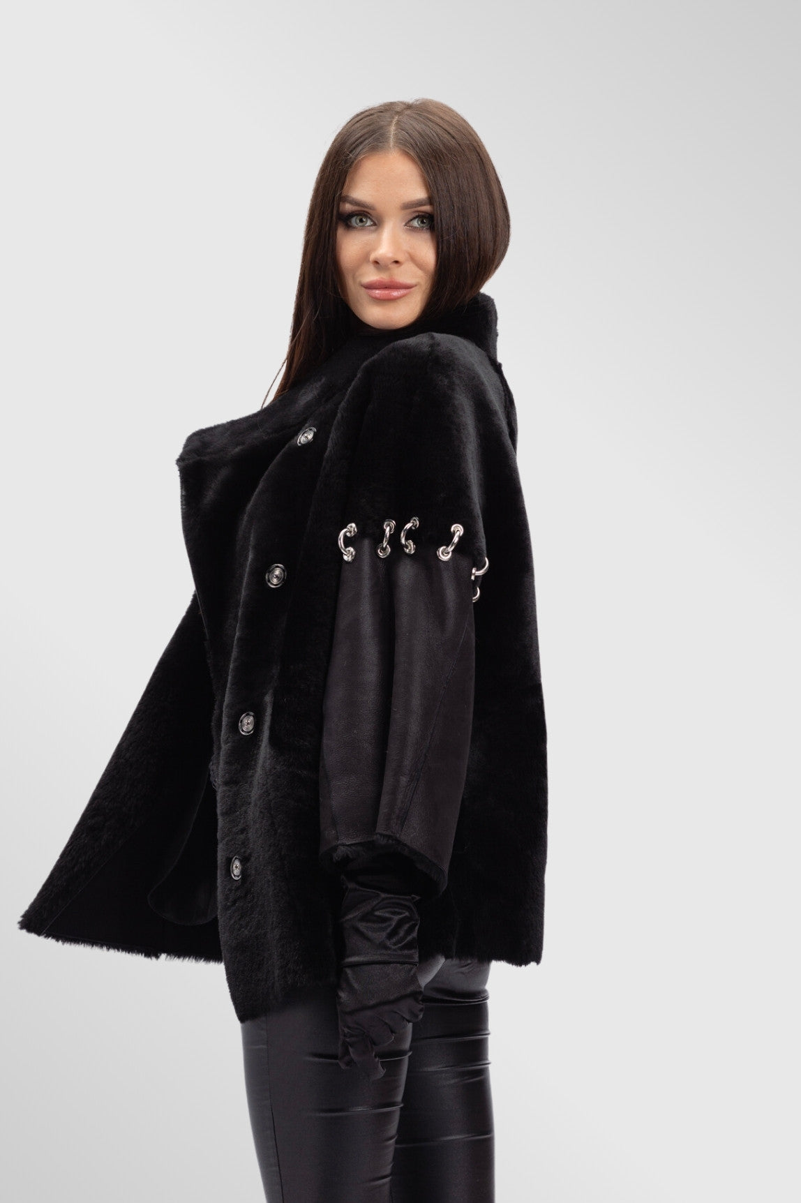 Poncho dama din Piele si Blană Naturală Shearling, Femei, Obsidian