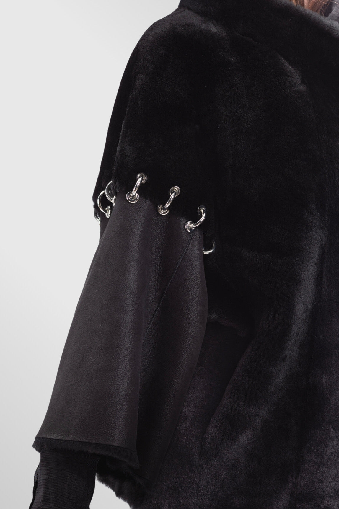 Poncho dama din Piele si Blană Naturală Shearling, Femei, Obsidian