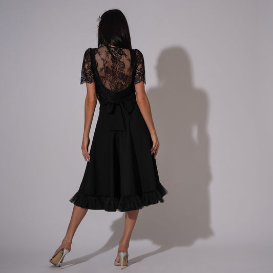 Schwarzes Kleid mit offenem Rücken und Spitzenbolero Martha