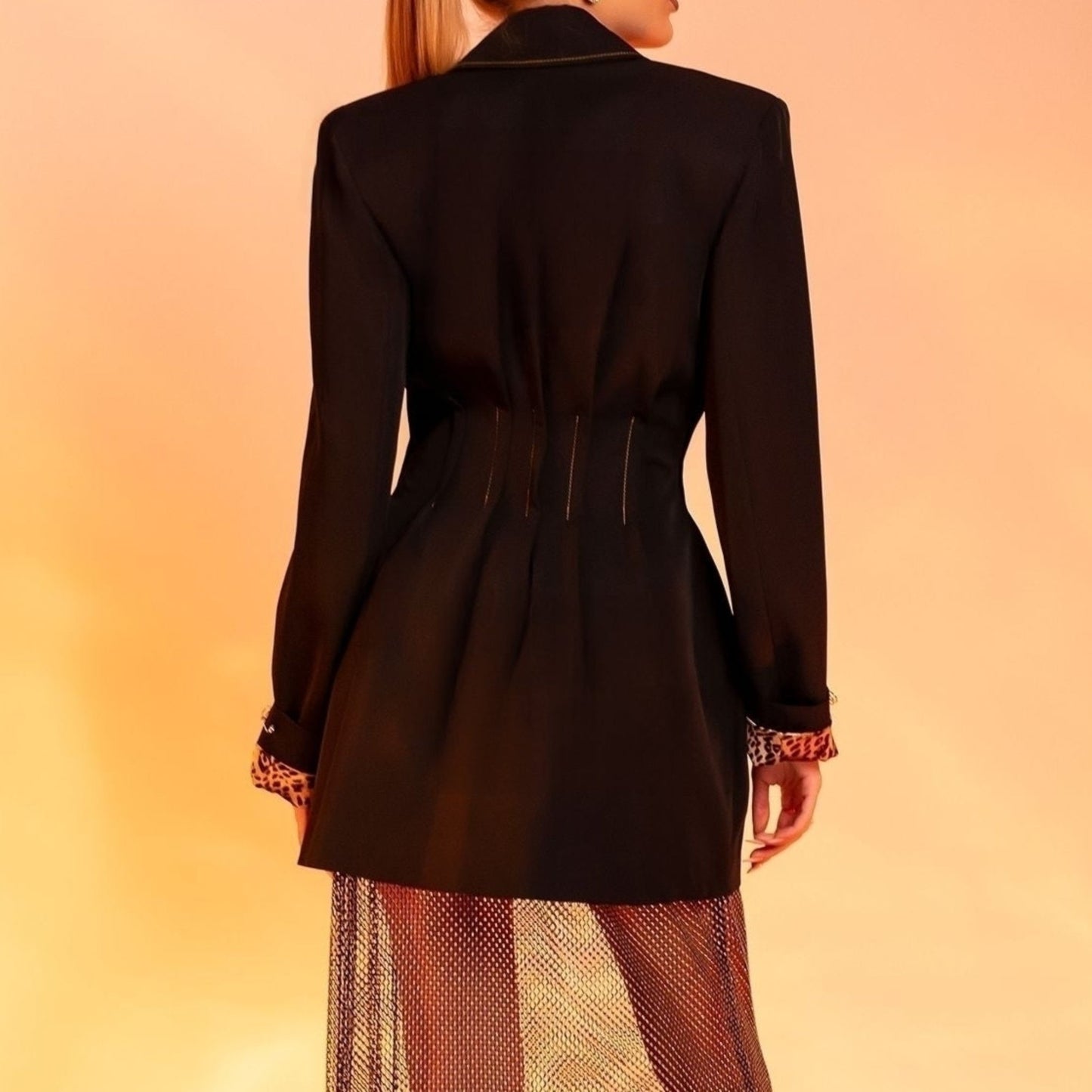 Sacou lung oversized cu fusta detasabila din plasa decorata cu cristale Rockstar