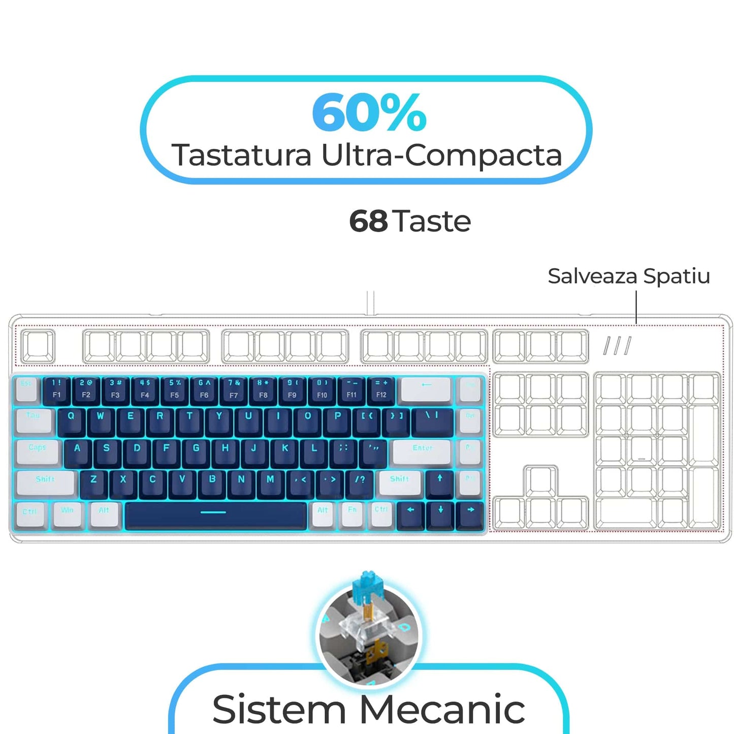 Tastatura Mecanica Gaming Timebox, Blue Switch, 60%, Lumini LED, Albastru / Ab