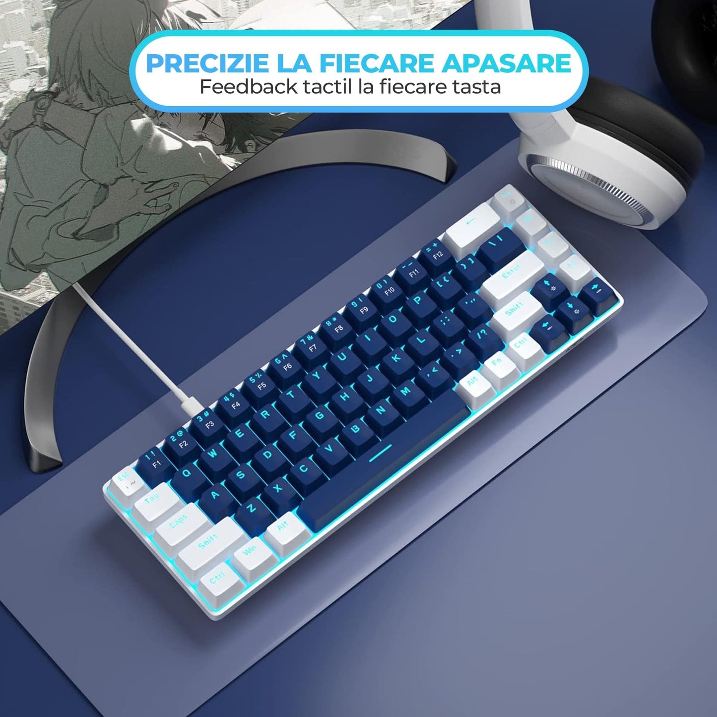 Tastatura Mecanica Gaming Timebox, Blue Switch, 60%, Lumini LED, Albastru / Ab