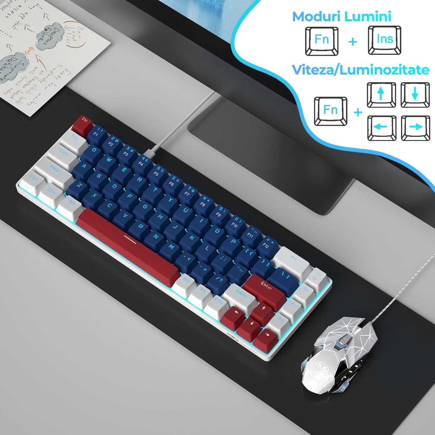 Tastatura Mecanica Gaming Timebox, Blue Switch, 60%, Lumini LED, Albastru / Ab