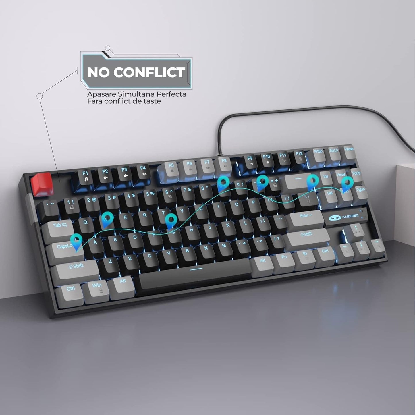Tastatura Mecanica Gaming MageGee, Red Switch, 75%, iluminare LED, Negru / Gri