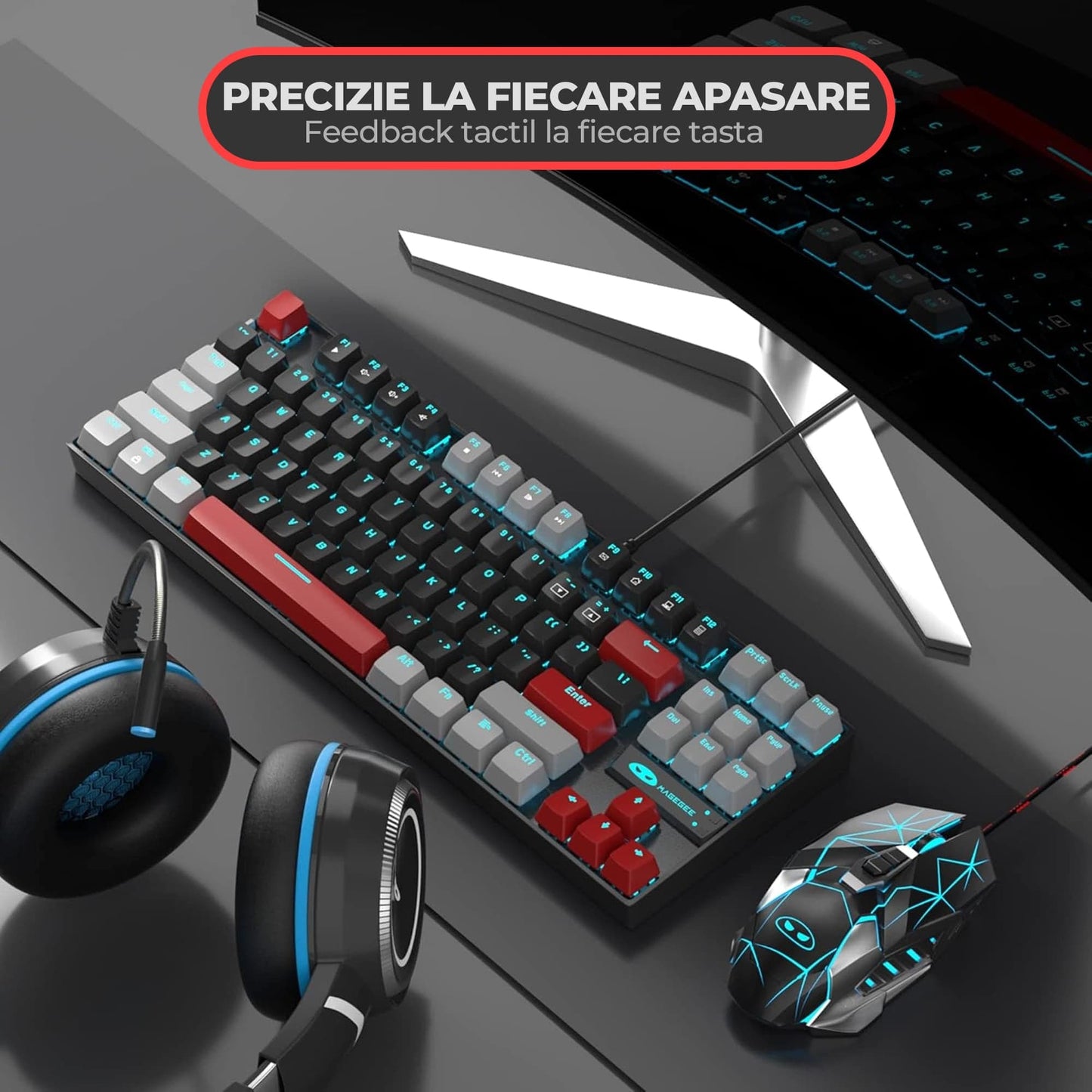 Tastatura Mecanica Gaming MageGee, Red Switch, 75%, iluminare LED, Negru / Gri