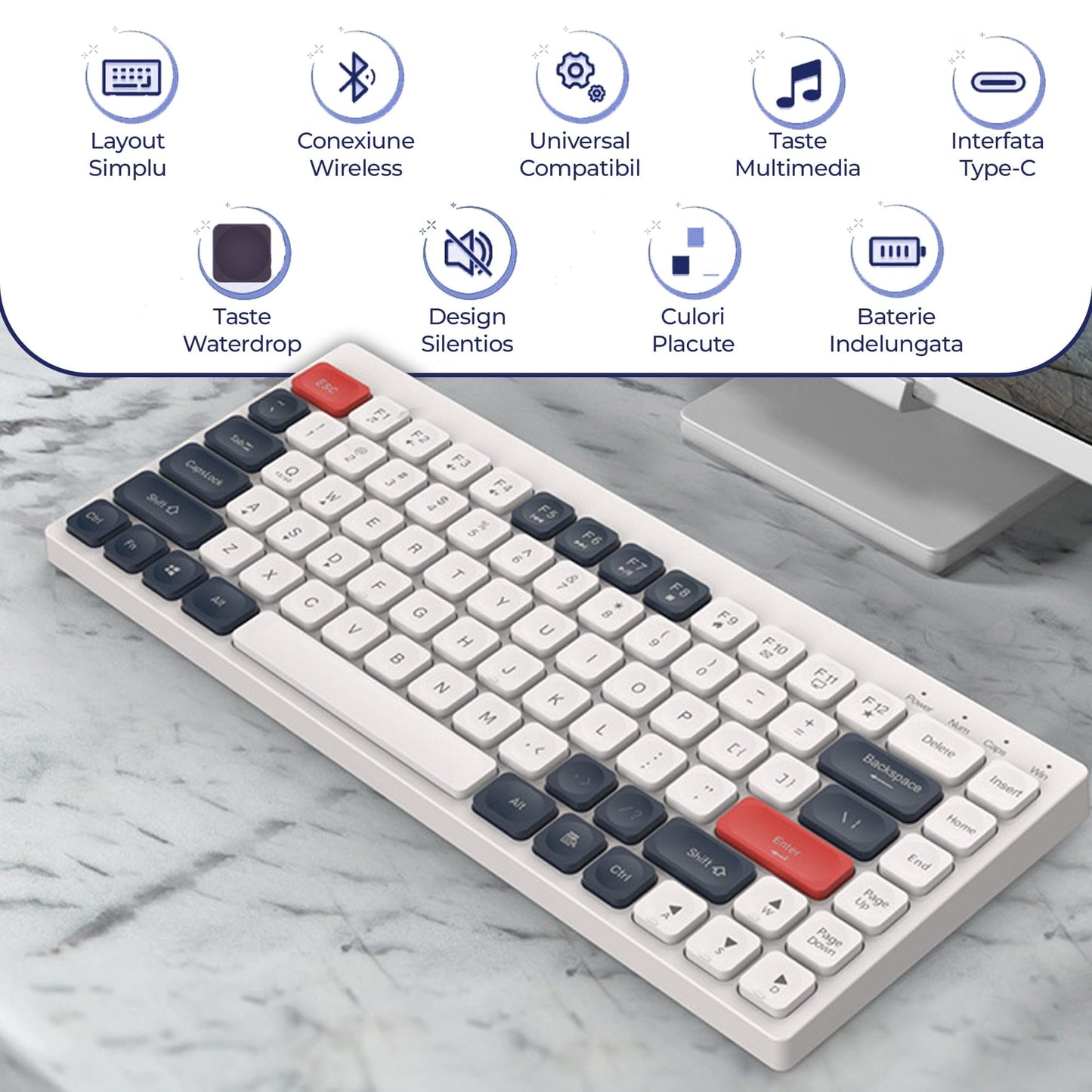 Tastatura Slim Low-Profile Timebox, Wireless, 4Ghz, Bluetooth, Alb Albastru