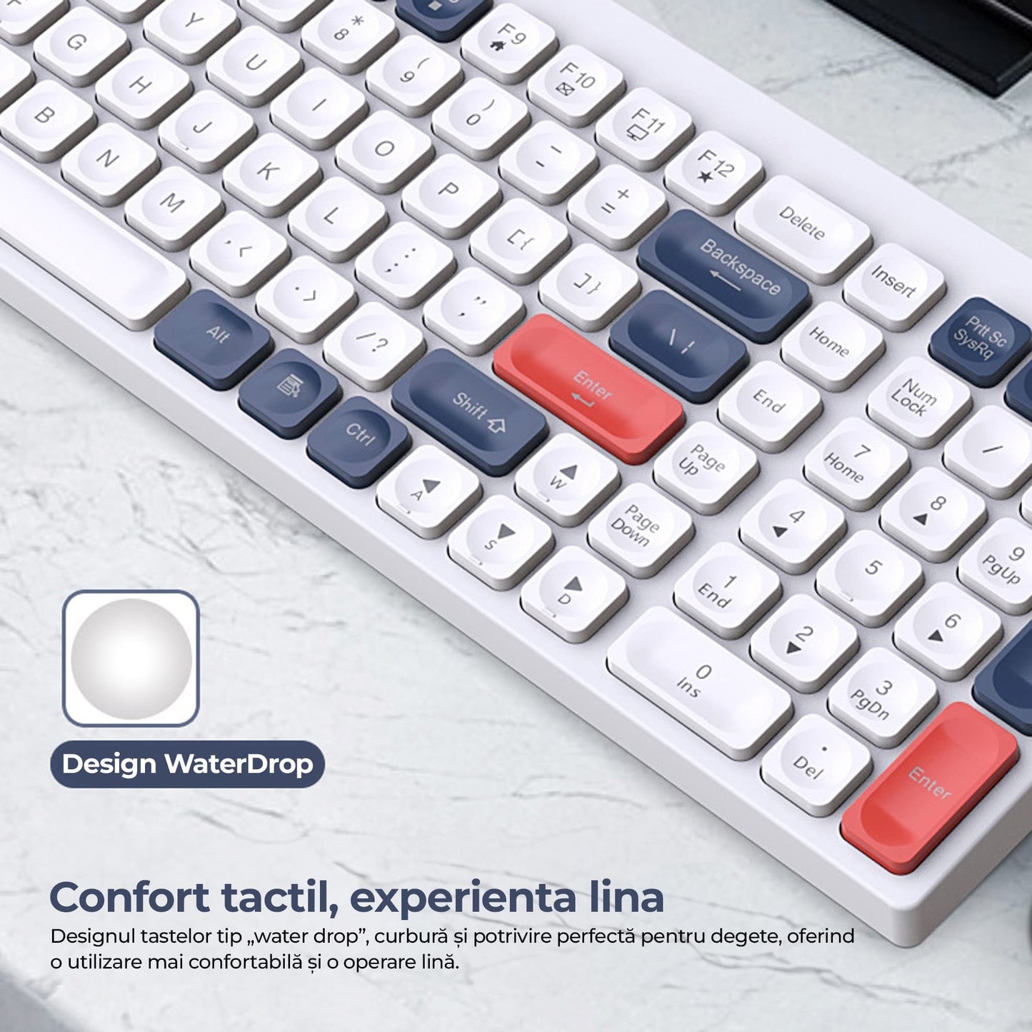 Tastatura Slim Low-Profile Timebox, Wireless, 4Ghz, Bluetooth, Alb Albastru