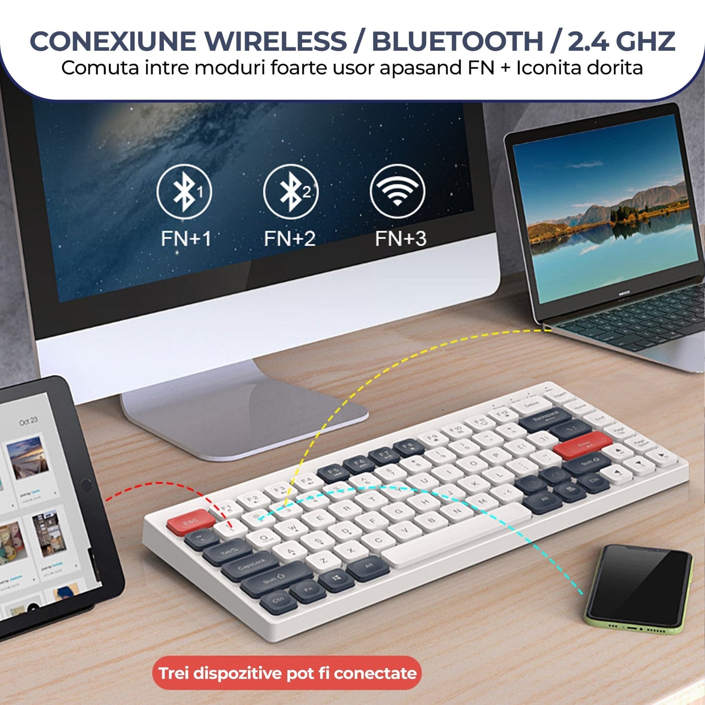 Tastatura Slim Low-Profile Timebox, Wireless, 4Ghz, Bluetooth, Alb Albastru