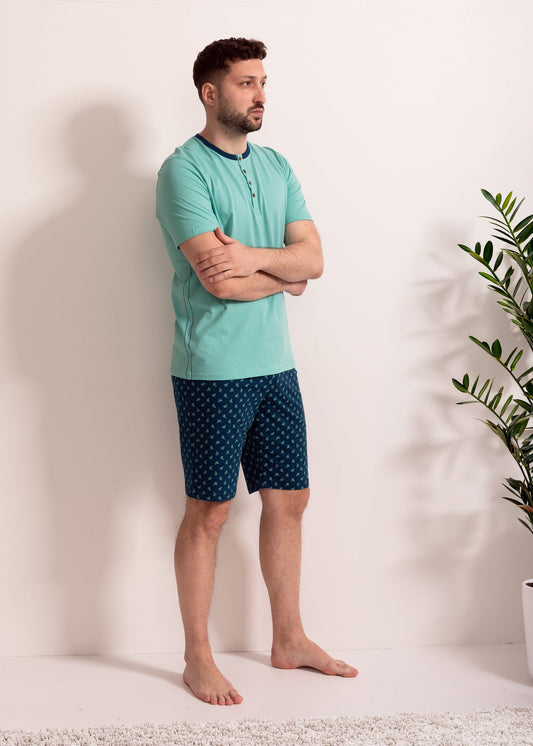 Pijama bărbați bumbac 100% – pijama confortabilă cu pantaloni scurți și bluză cu nasturi
