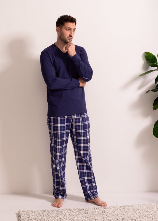 Pijama bărbați bumbac – pijama confortabilă cu mâneci lungi și pantaloni cu buzunare