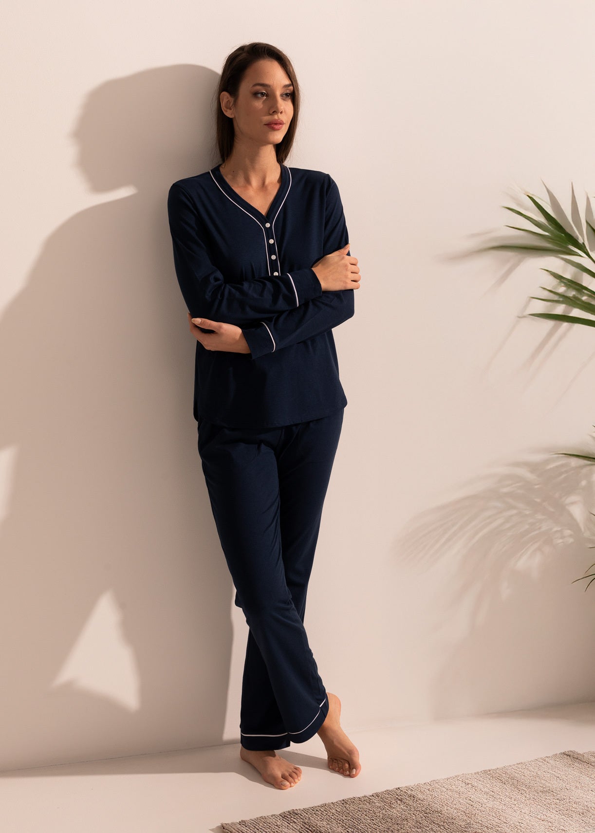 Pijama damă TENCEL™ – pijama confortabilă cu bluză cu nasturi și pantaloni lungi