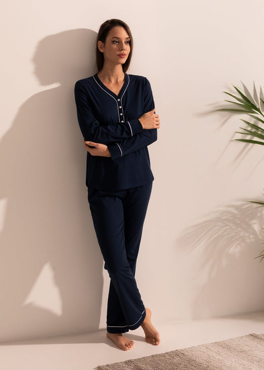 Pijama damă TENCEL™ – pijama confortabilă cu bluză cu nasturi și pantaloni lungi